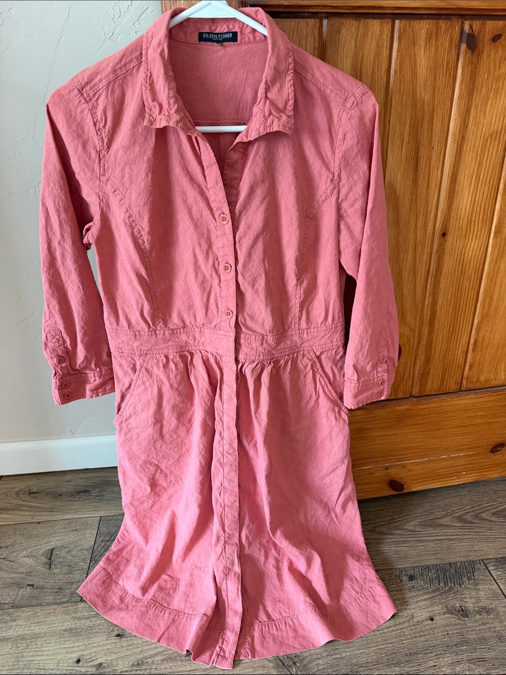 Eileen Fisher Linen Viscose button down Shirt Dress Rhubarb 3/4 sleeve XS